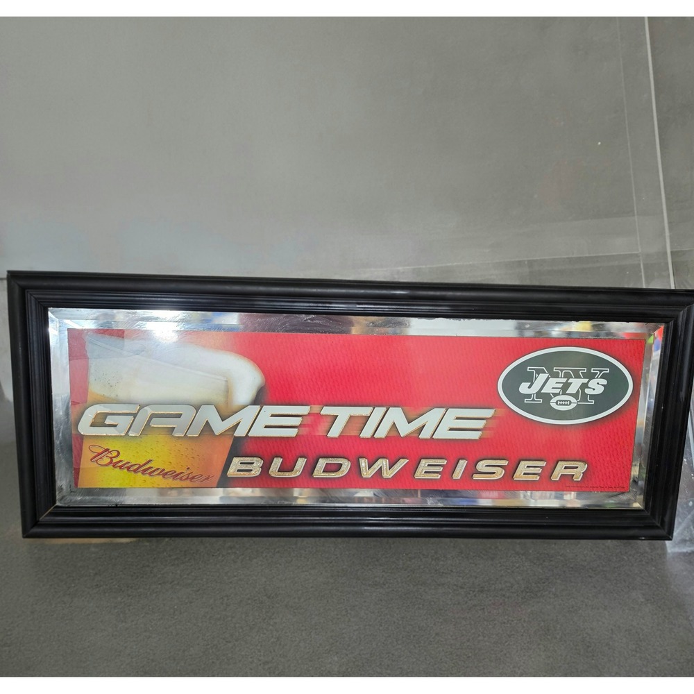 Budweiser New York Jets Mirror Sign Large 39x15 Black Frame Good Game Time NFL